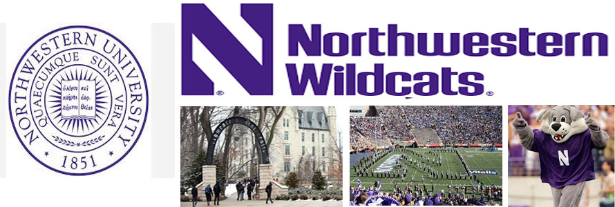 Northwestern University header image created by everything doormats featuring images of the school seal, name, mascot, logo campus and other images.