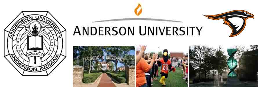 Anderson University Crest, school logo for the ravens and campus pictures.