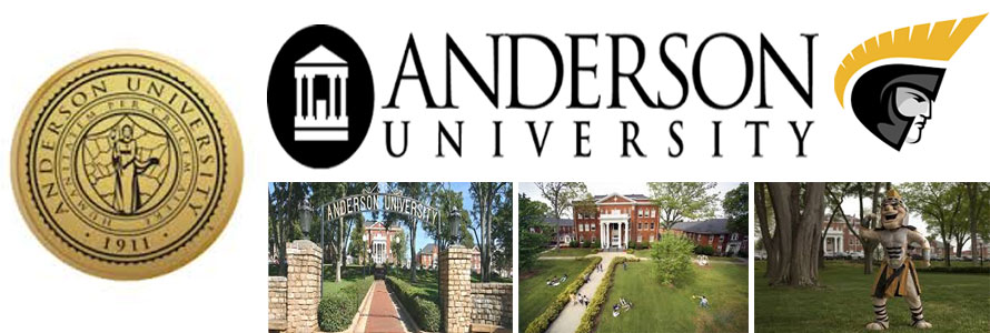 Anderson University Trojans header image created by everything doormats featuring images of the school seal, name, mascot, logo campus and other images.