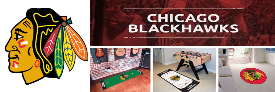 Chicago Blackhawks header image created by everything doormats featuring images products offered on our website, the teamsÃ¢â‚¬â„¢ logo and name.