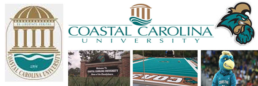 Coastal Carolina University Chanticleers header image created by everything doormats featuring images of the school seal, name, mascot, logo campus and other images.