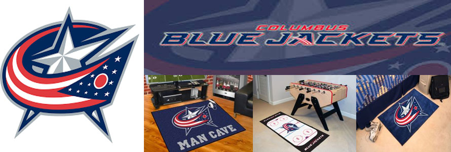 Columbus Blue Jackets header image created by everything doormats featuring images products offered on our website, the teamsÃ¢â‚¬â„¢ logo and name.