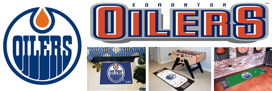Edmonton Oilers header image created by everything doormats featuring images products offered on our website, the teamsÃ¢â‚¬â„¢ logo and name.