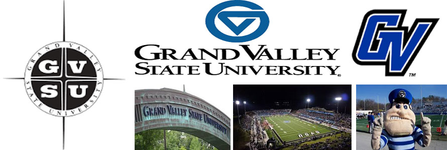Grand Valley State University header image created by everything doormats featuring images of the school seal, name, mascot, logo campus and other images.