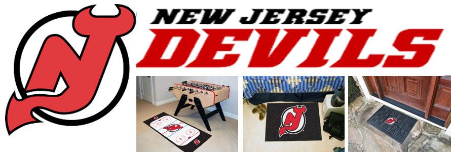 New Jersey Devils header image created by everything doormats featuring images products offered on our website, the teamsÃ¢â‚¬â„¢ logo and name.