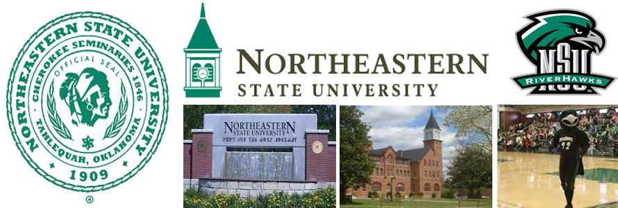 Northeastern State University header image created by everything doormats featuring images of the school seal, name, mascot, logo campus and other images.