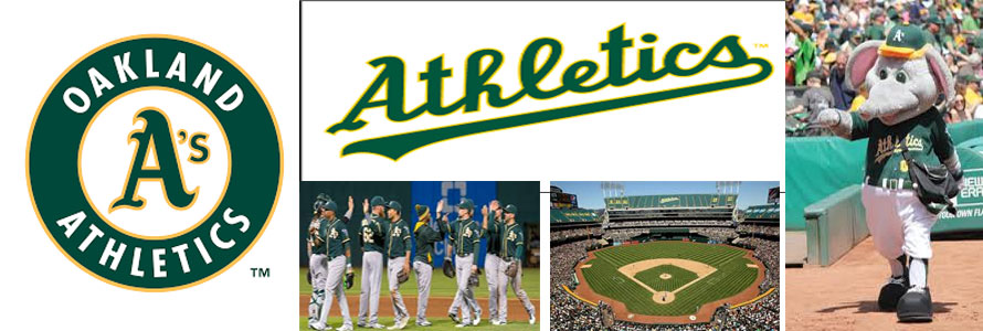 Oakland Athletics header image created by everything doormats featuring images of the team logo, name, mascot, stadium and players,