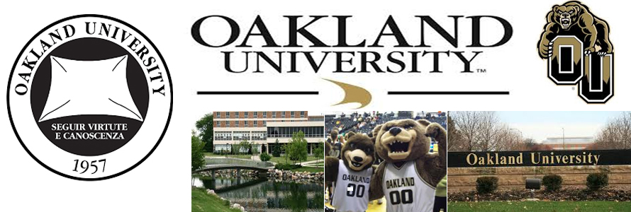 Oakland University crest, school logo and mascot including pictures from campus