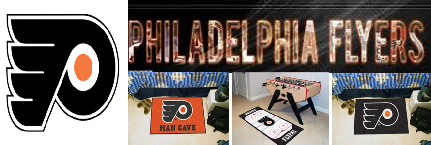 Philadelphia Flyers header image created by everything doormats featuring images products offered on our website, the teamsÃ¢â‚¬â„¢ logo and name.