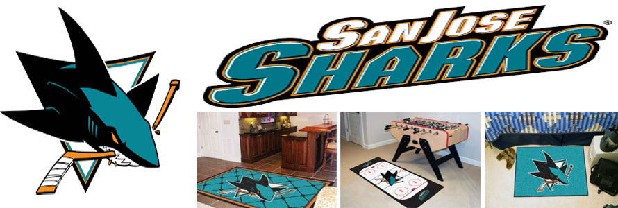 San Jose Sharks header image created by everything doormats featuring images products offered on our website, the teamsÃ¢â‚¬â„¢ logo and name.