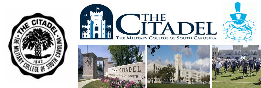 The Citadel crest, school mascot and school logo in addition to entrance sign, central campus and football team images by Everything Doormats.
