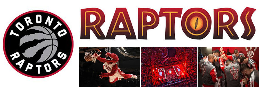 Images of the Toronto Raptors team logo, bastball court, players and mascot.