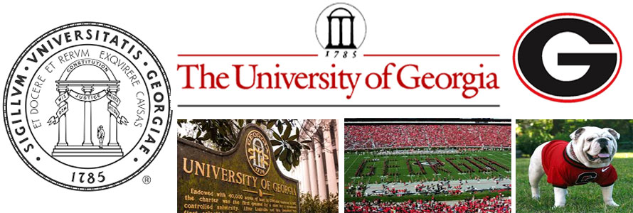 University of Georgia header image created by everything doormats featuring images of the school seal, name, mascot, logo campus and other images.