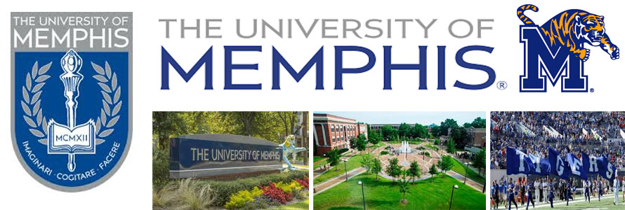 University of Memphis header image created by everything doormats featuring images of the school seal, name, mascot, logo campus and other images.