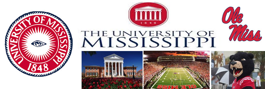 University of Mississippi header image created by everything doormats featuring images of the school seal, name, mascot, logo campus and other images.