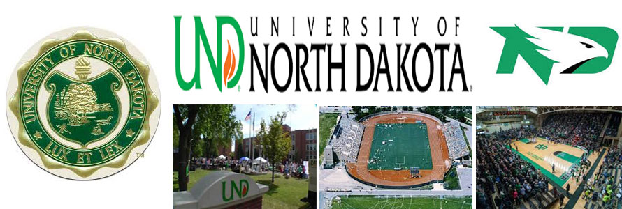 University of North Dakota header image created by everything doormats featuring images of the school seal, name, mascot, logo campus and other images.