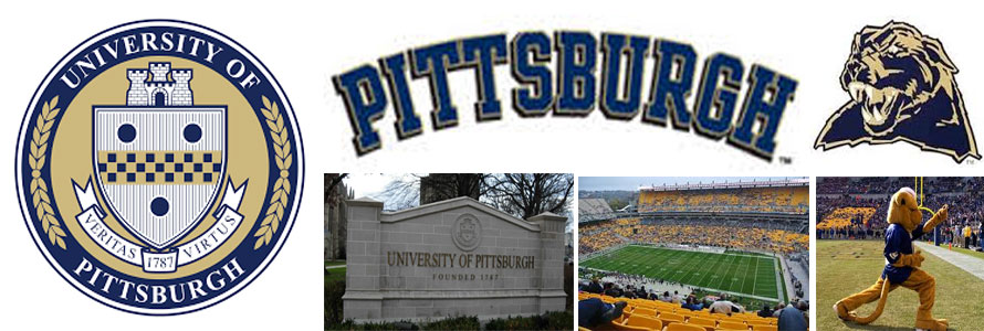 University of Pittsburg header image created by everything doormats featuring images of the school seal, name, mascot, logo campus and other images.