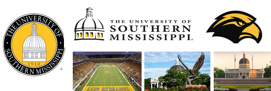 University of Southern Mississippi Golden Eagles crest, campus images, school logo and football stadium.
