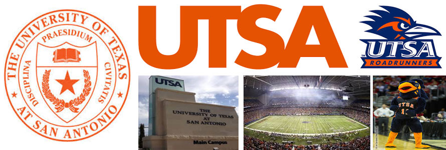University of Texas at San Antonio header image created by everything doormats featuring images of the school seal, name, mascot, logo campus and other images.