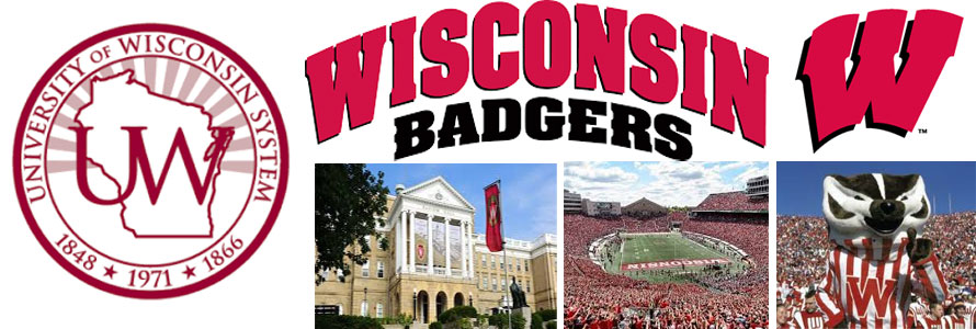 University of Wisconsin Badgers header image made by everything doormats featuring school seal, name, buildings, stadium and mascot.
