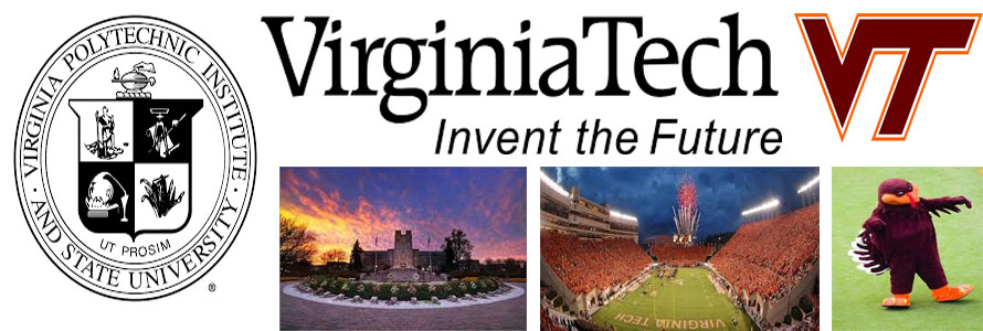 Virginia Tech header image created by everything doormats featuring images of the school seal, name, mascot, logo campus and other images.