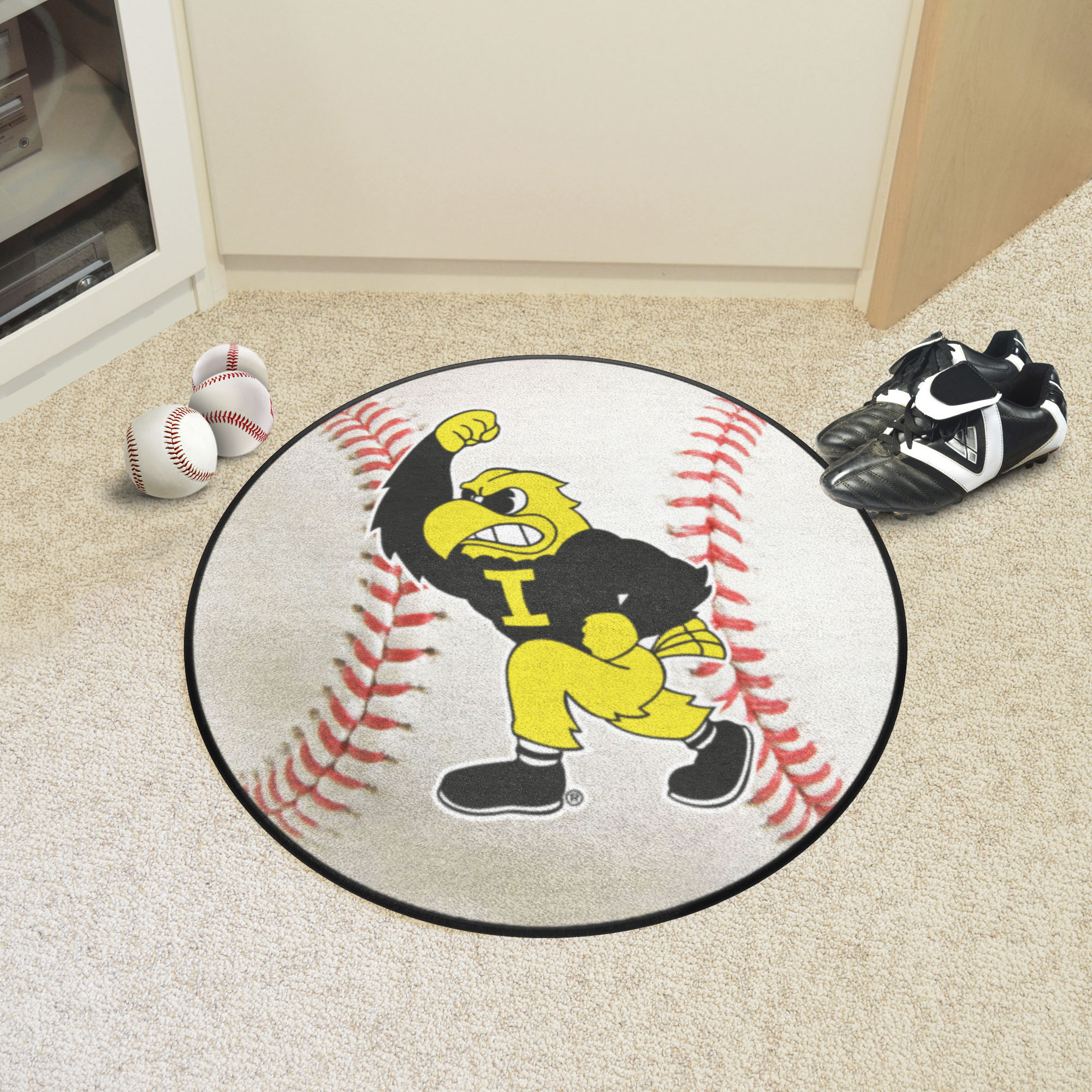Iowa Hawkeyes Mascot Logo Baseball Shaped Area Rug