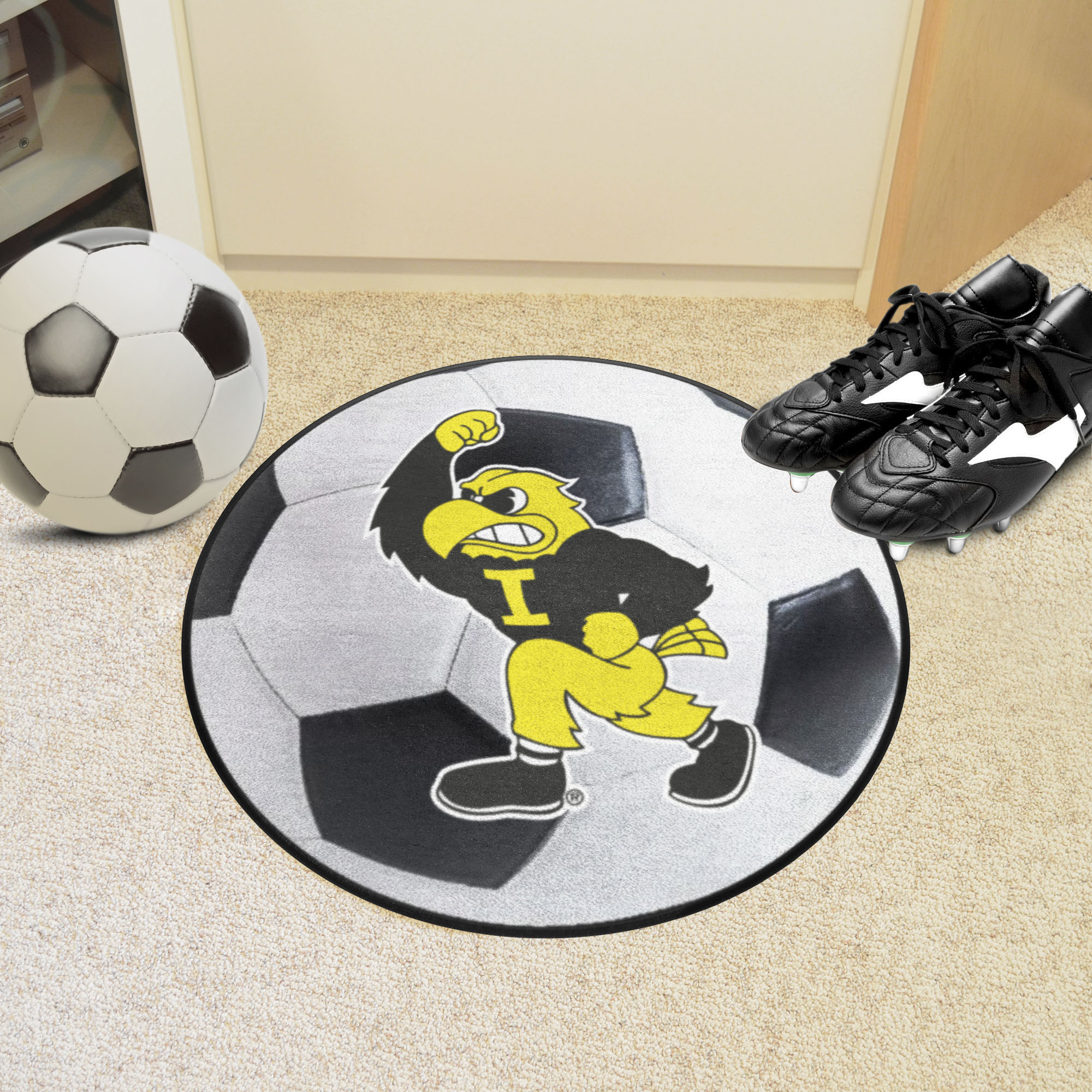 Iowa Hawkeyes Mascot Logo Soccer Ball Shaped Area Rug