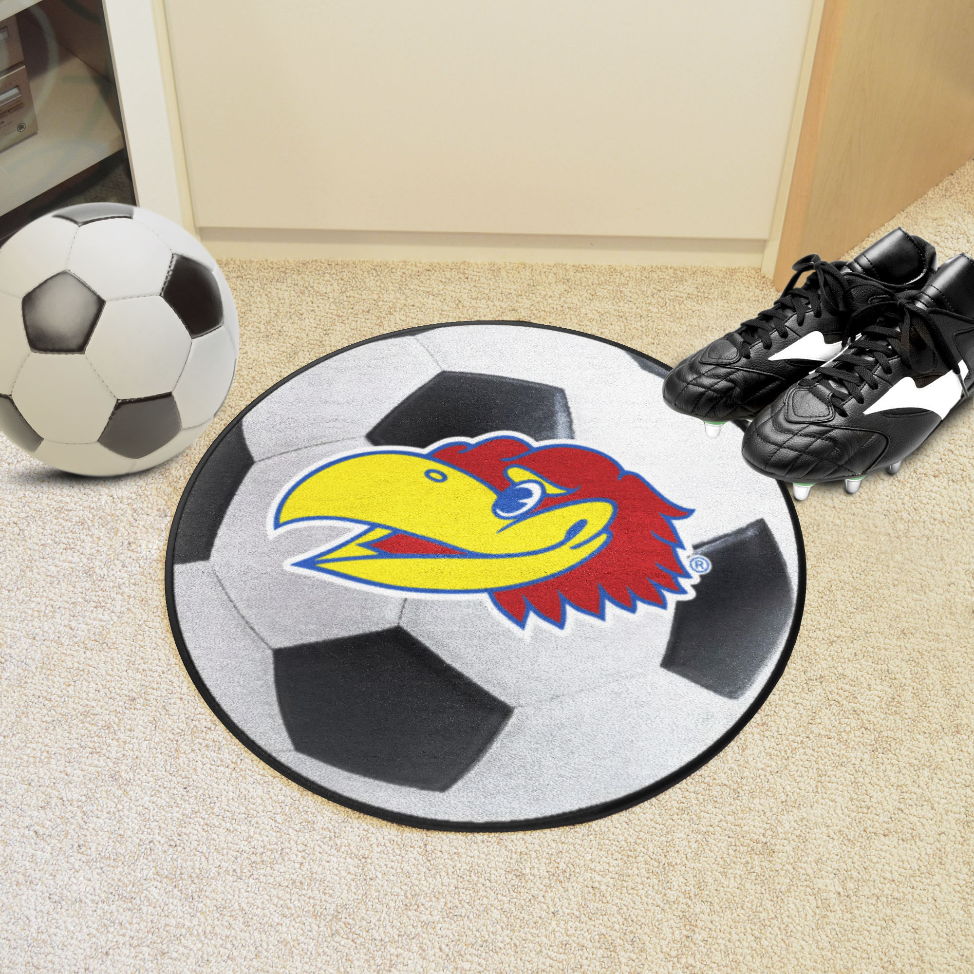 Kansas Jayhawks Alt Logo Soccer Ball Shaped Area Rug