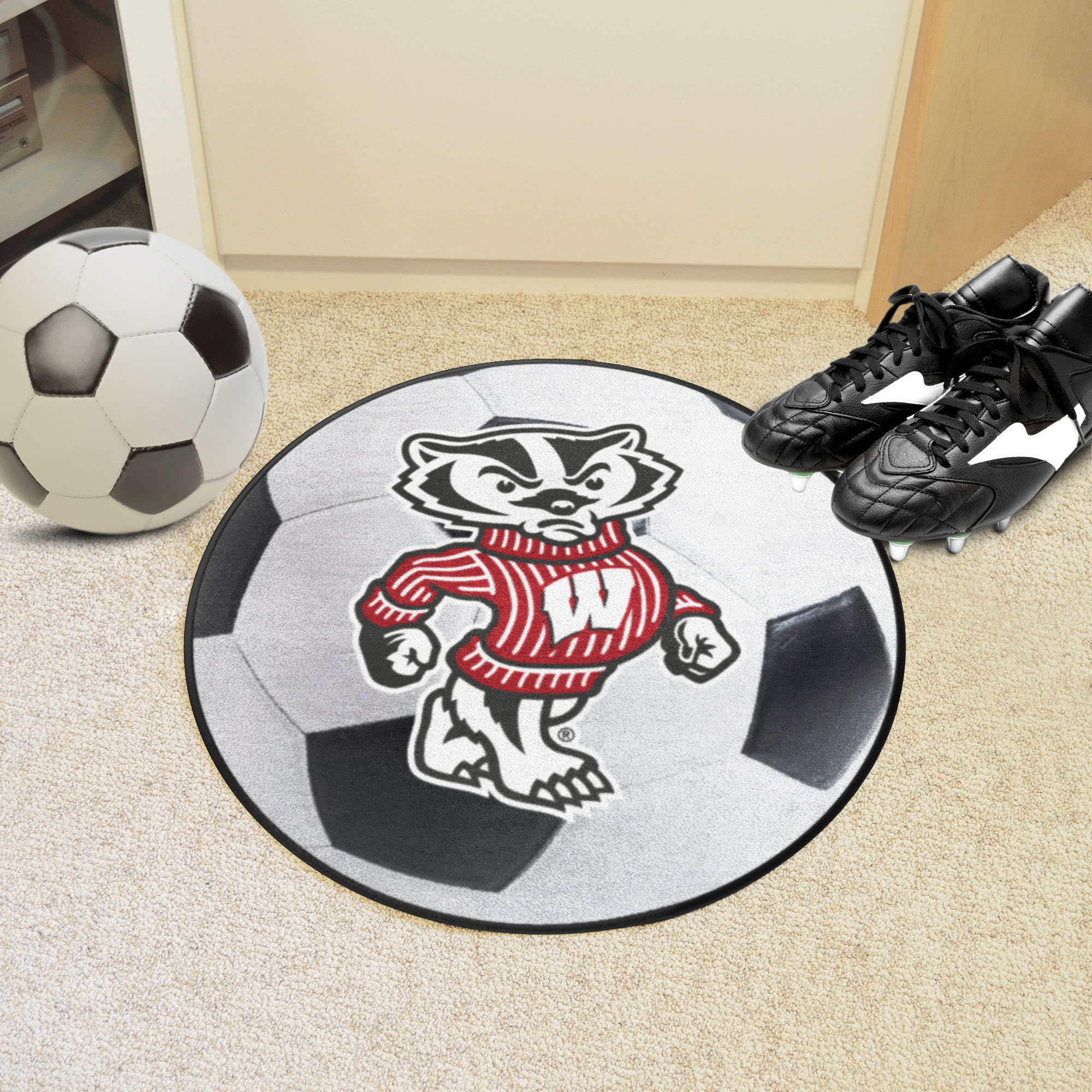 Wisconsin Badgers Alt Logo Soccer Ball Shaped Area Rug