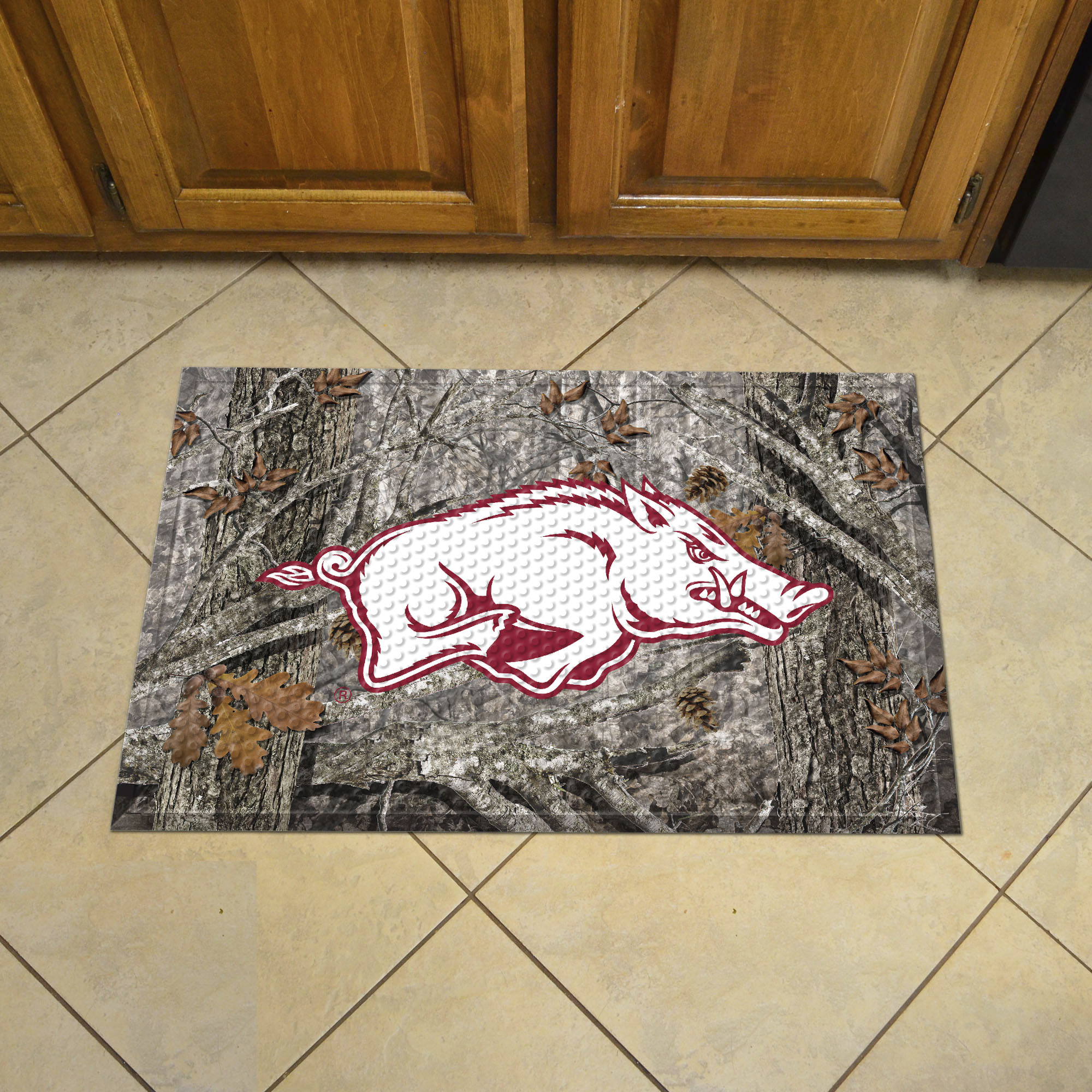 University of Arkansas Scrapper Doormat - 19" x 30" Rubber (Field & Logo: Camo & Logo)