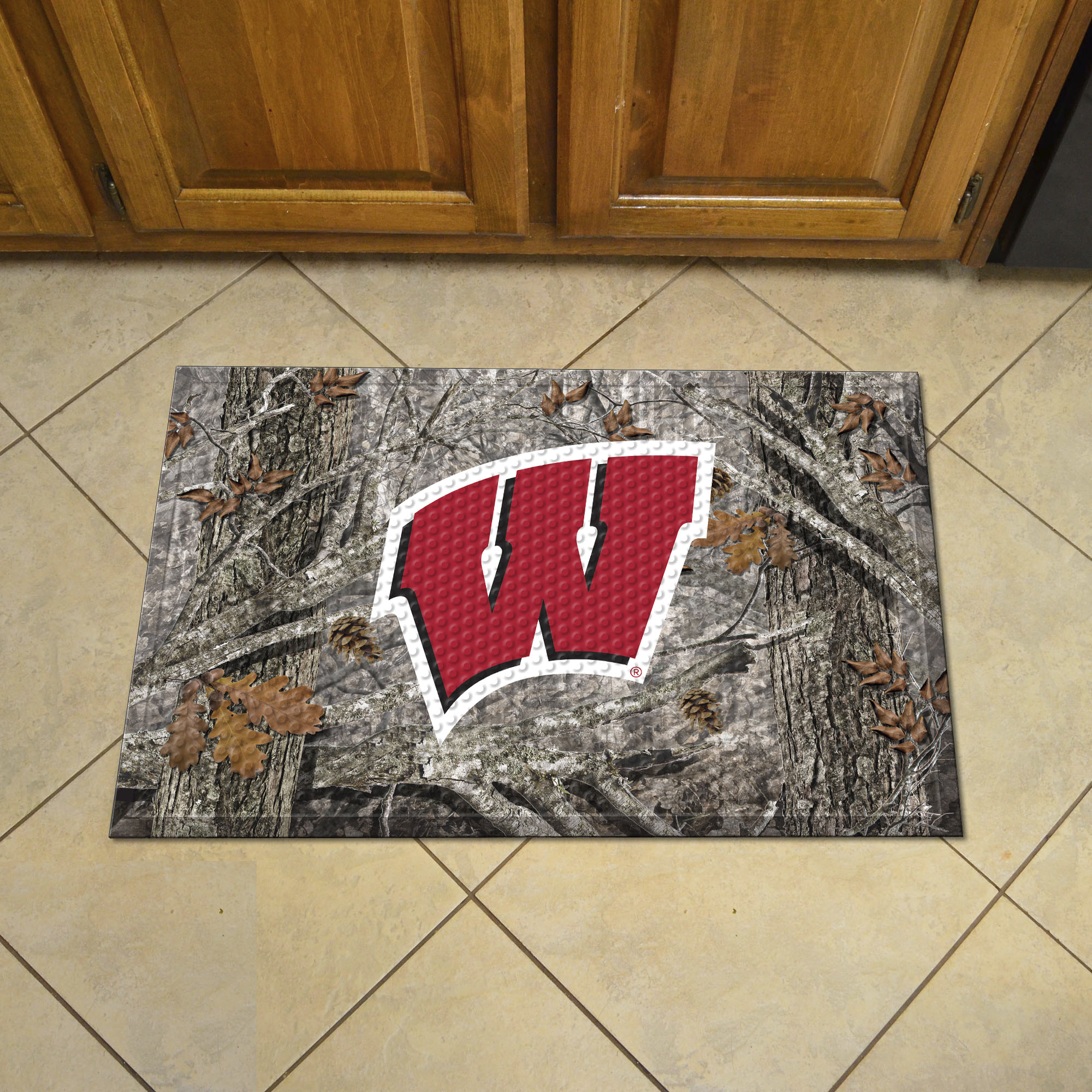University of Wisconsin Scrapper Doormat - 19" x 30" Rubber (Field & Logo: Camo & Logo)