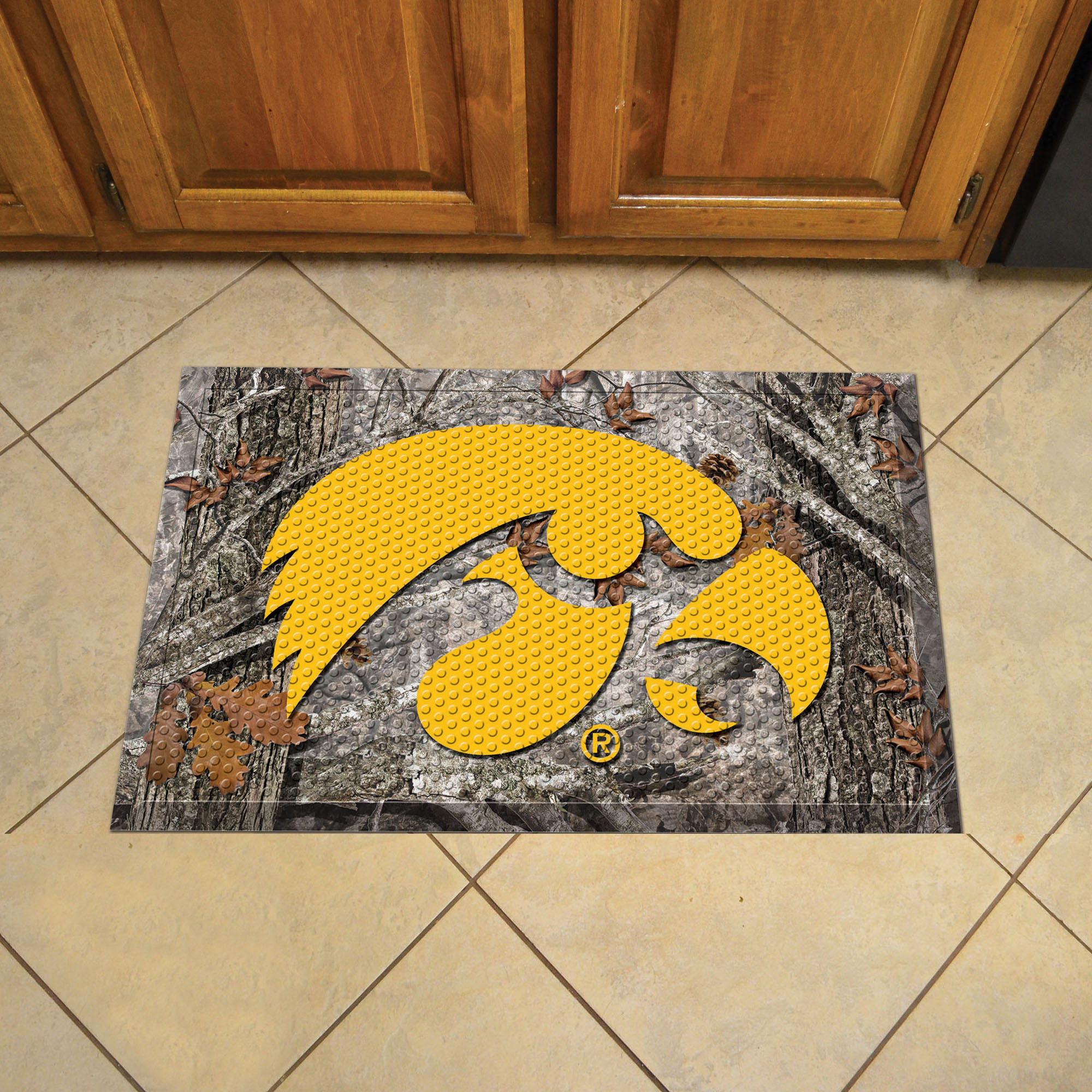 University of Iowa Scrapper Doormat - 19" x 30" Rubber (Field & Logo: Camo & Logo)