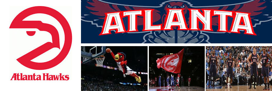 Atlanta Hawks NBA basketball team with the Hawks logo, team mascot and mascot flag.