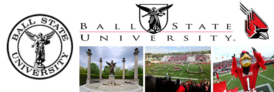 Ball State University Cardinals school crest, logo and name with images of band, cardinals mascot and campus locations made by everything doormats.