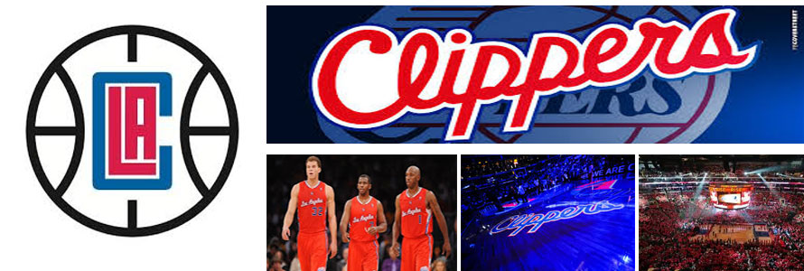 Image of the Los Angeles Clippers team logo, players and arena.