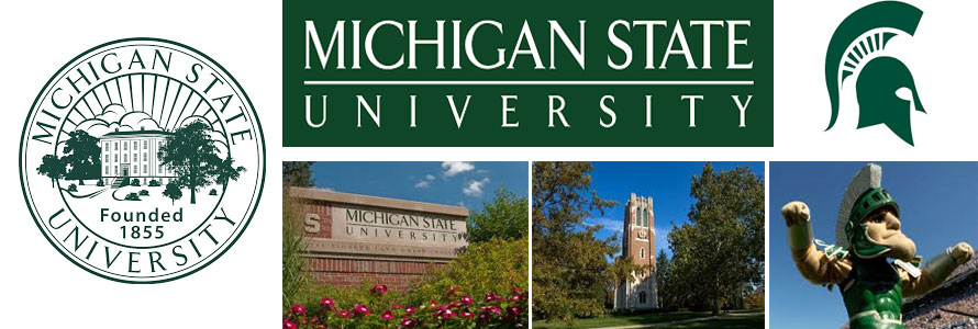 Michigan State University Spartans header image with crest, school logo, sign, campus buildings and mascot by everything doormats.