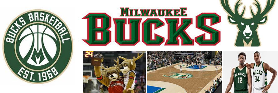 Milwaukee Bucks logo, basketball court and stadium, as well as player images and mascot image.