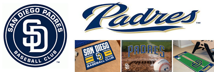 San Diego Padres header image created by everything doormats featuring images of the team logo, name, mascot, stadium and players.