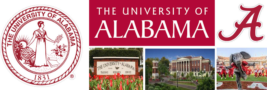 University of Alabama header image created by everything doormats featuring images of the school seal, name, mascot, logo campus and other images.