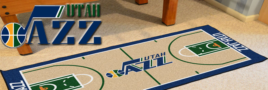Utah Jazz header image created by everything doormats featuring a Utah Jazz runner mat offered on our website, the teamsâ€™ logo and name.