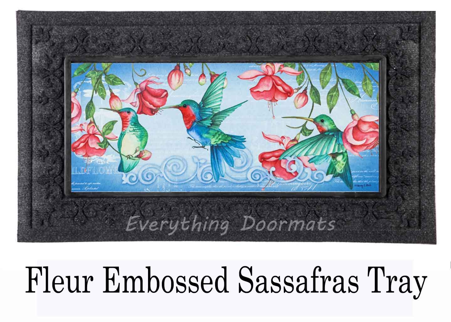 Summer Sassafras Rug Insert Switch Door Mat 10x22 Flowers Hummingbird on blue 