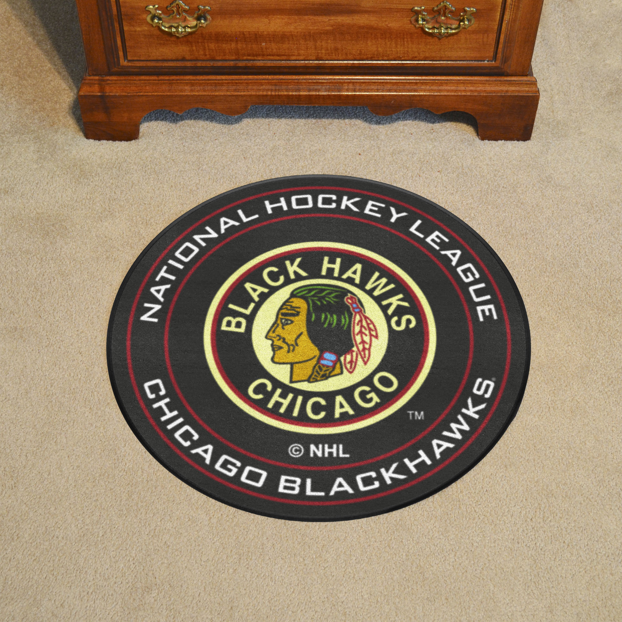 Chicago Blackhawks Retro Moscot Hockey Puck Shaped Area Rug