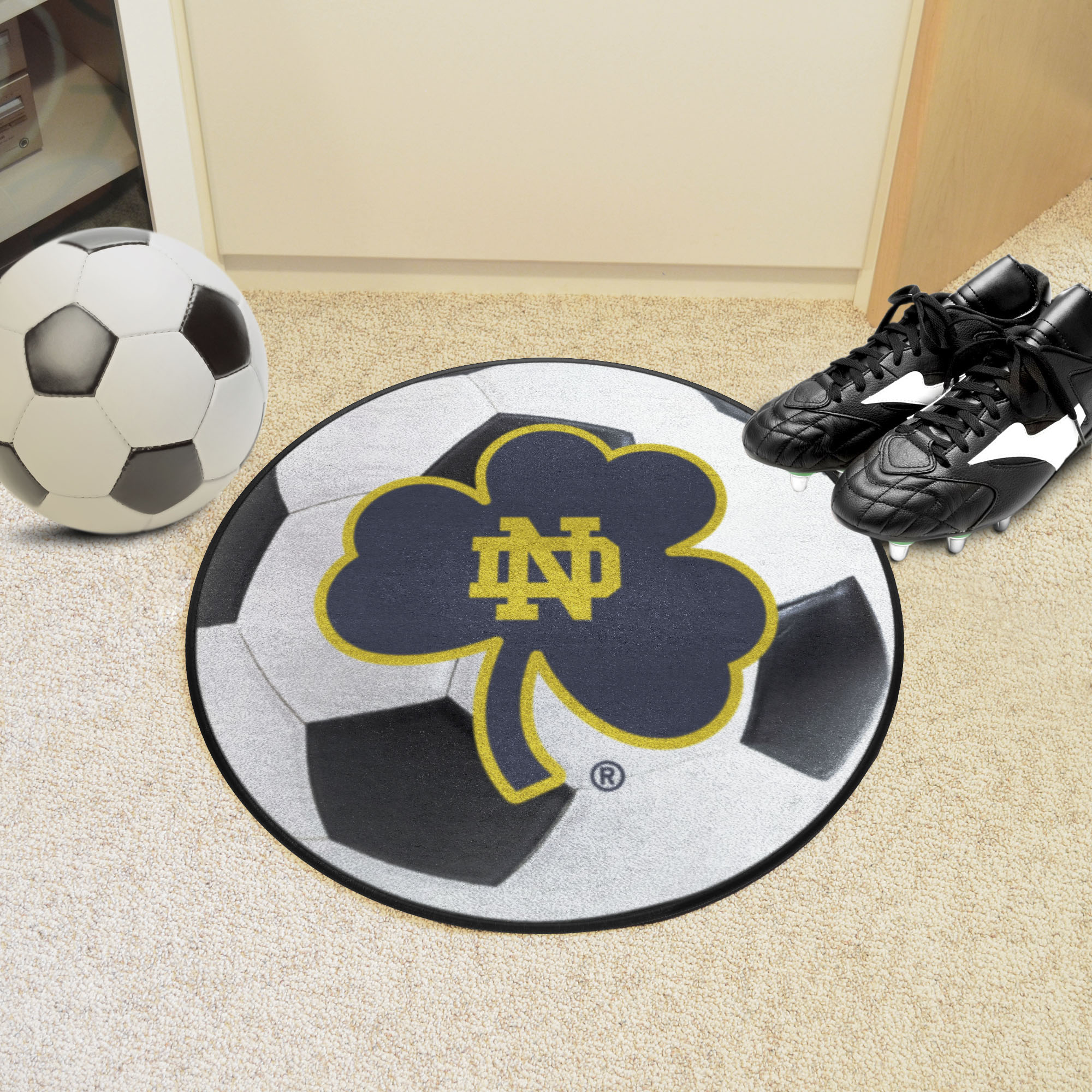 Notre Dame Fighting Irish Logo Soccer Ball Shaped Area Rug