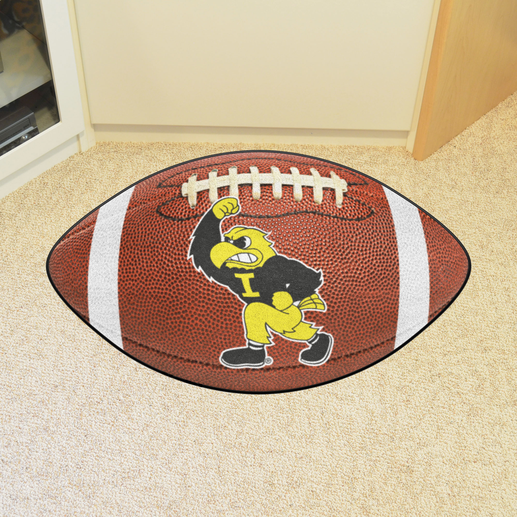 Iowa Hawkeyes Mascot Logo Football Shaped Area Rug