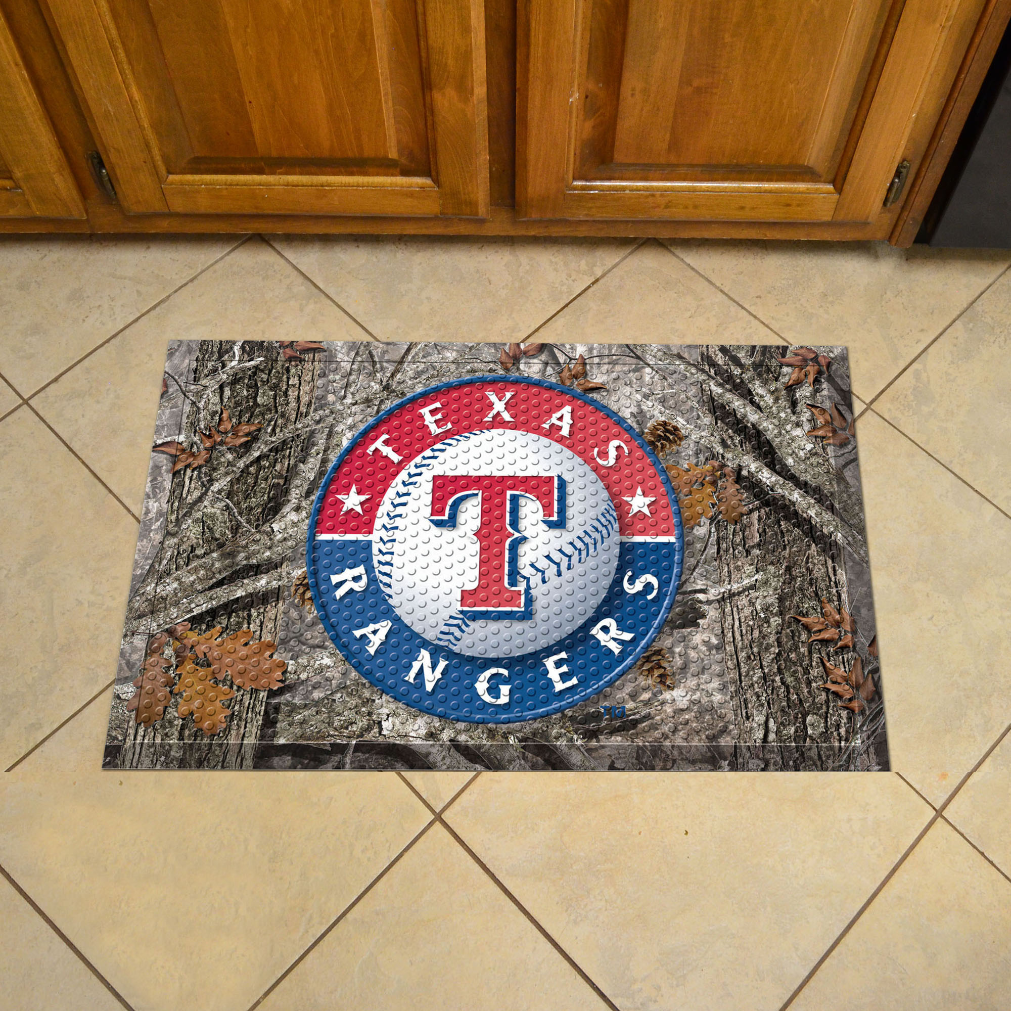 Texas Rangers Scrapper Doormat - 19 x 30 Rubber (Field & Logo: Camo & Logo)