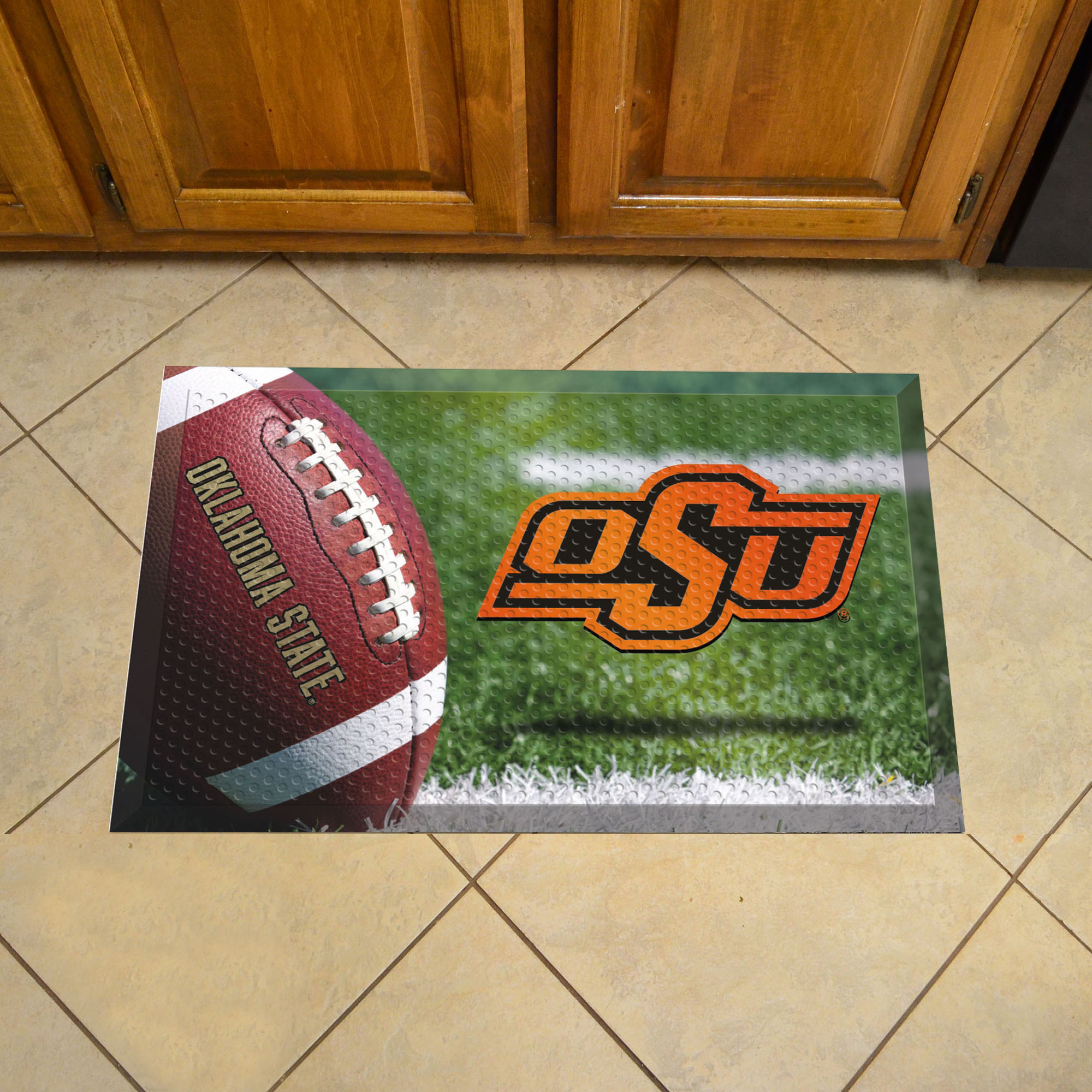 Oklahoma State University Scrapper Doormat - 19 x 30 Rubber (Field & Logo: Football Field)