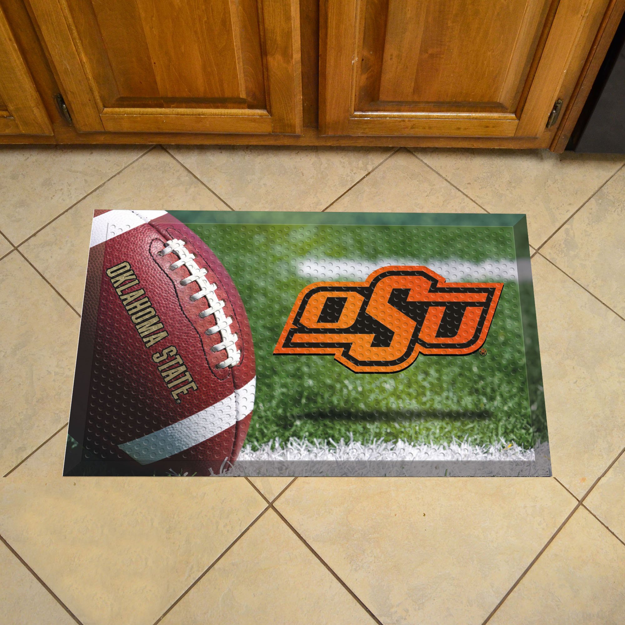 Oklahoma State University Scrapper Doormat - 19 x 30 Rubber (Field & Logo: Football Field)