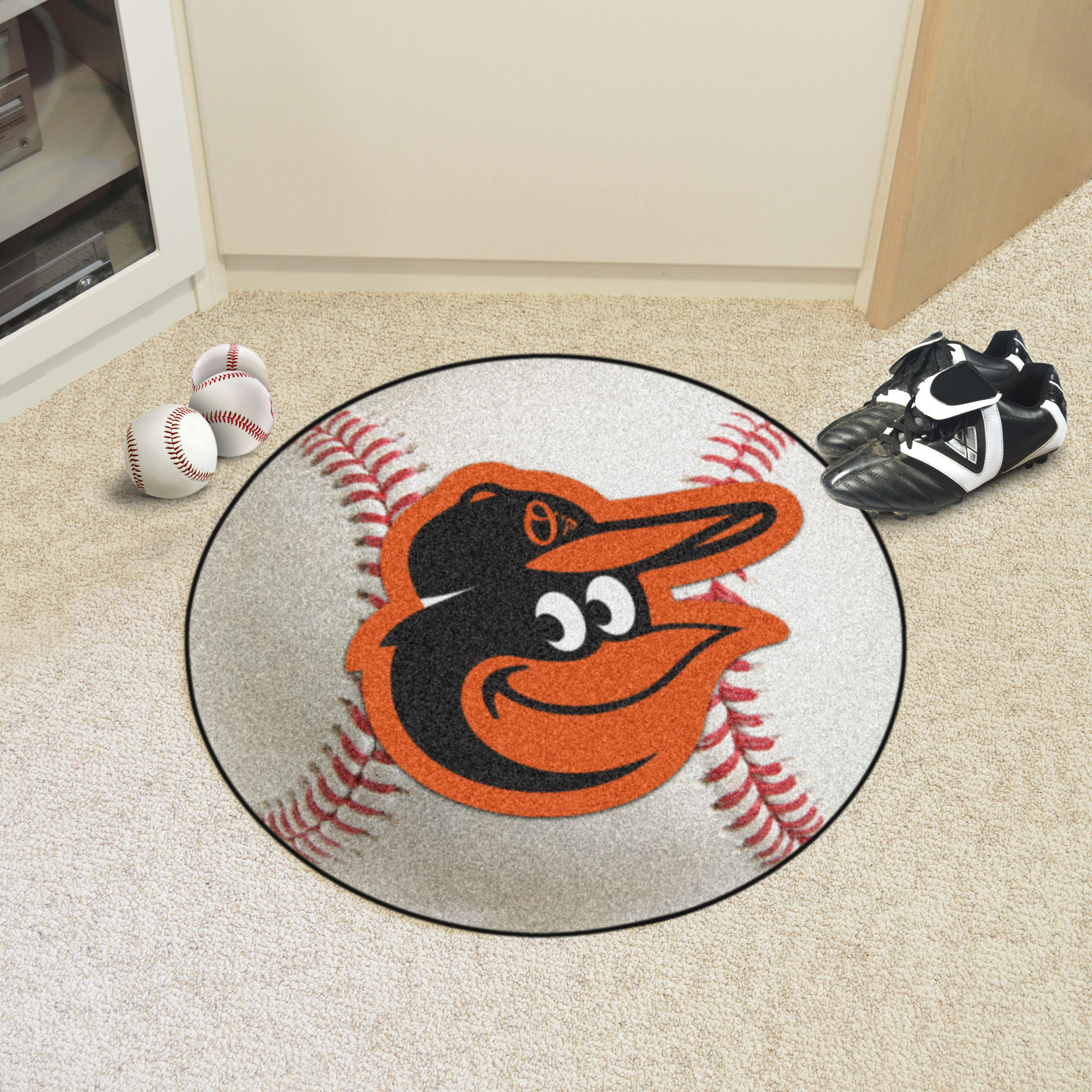 Baltimore Orioles Baseball Shaped Area Rug – 22 x 35 (Field & Logo: Mascot on Baseball)