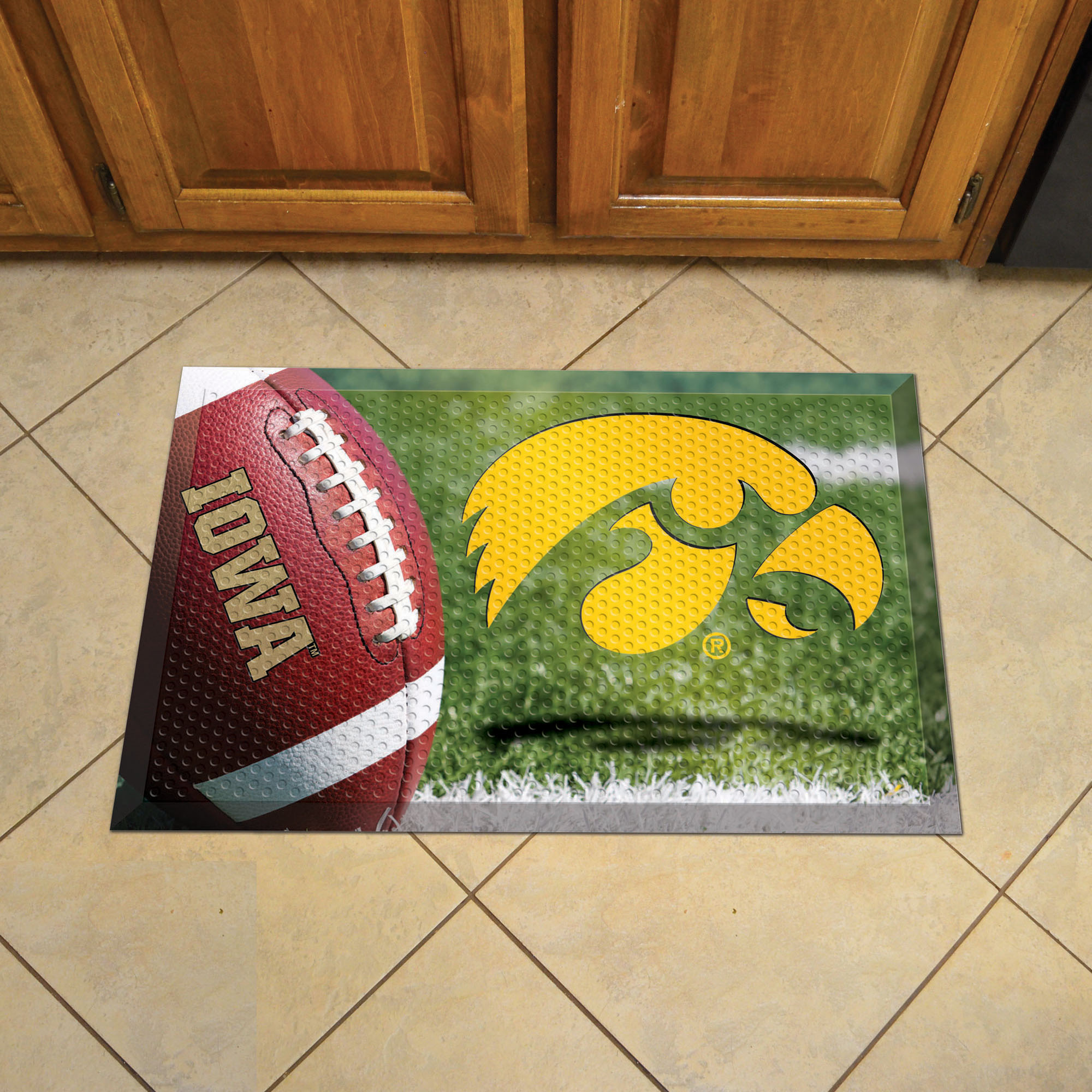 University of Iowa Scrapper Doormat - 19" x 30" Rubber (Field & Logo: Football Field)